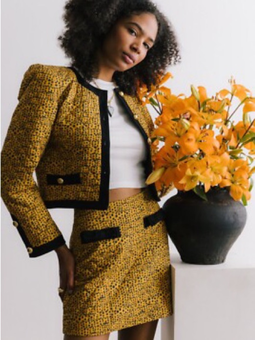Corey Lynn Calter Mustard Tweed Cropped Blazer with Black Trim